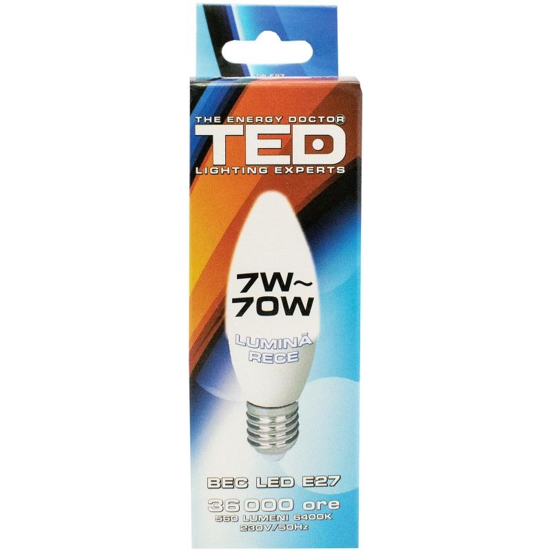 Bec LED E27, 7W, 6400K, C37, 36.000h