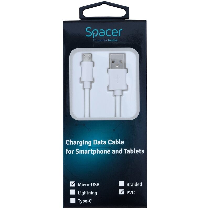 Cablu SPACER USB la micro USB, 50cm, alb (5949046610277)