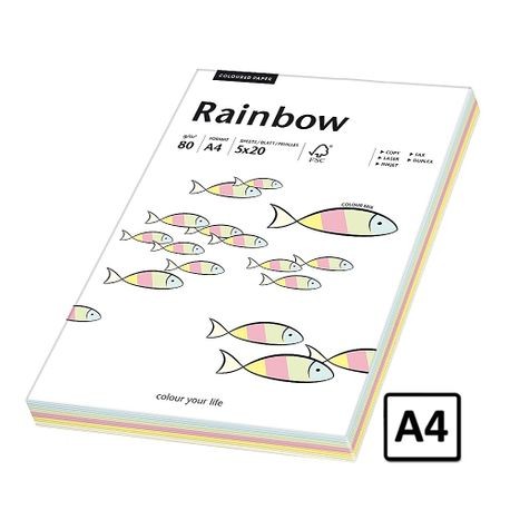 Hartie A4 Rainbow, 80 g/mp, 100 coli/top, 5 culori pastel