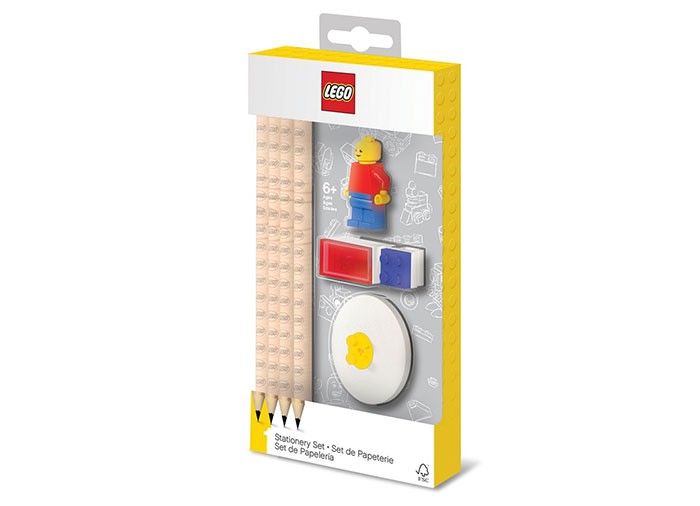 Set LEGO cu o minifigurina, 4 creioane, 1 topper, 1 ascutitoare 