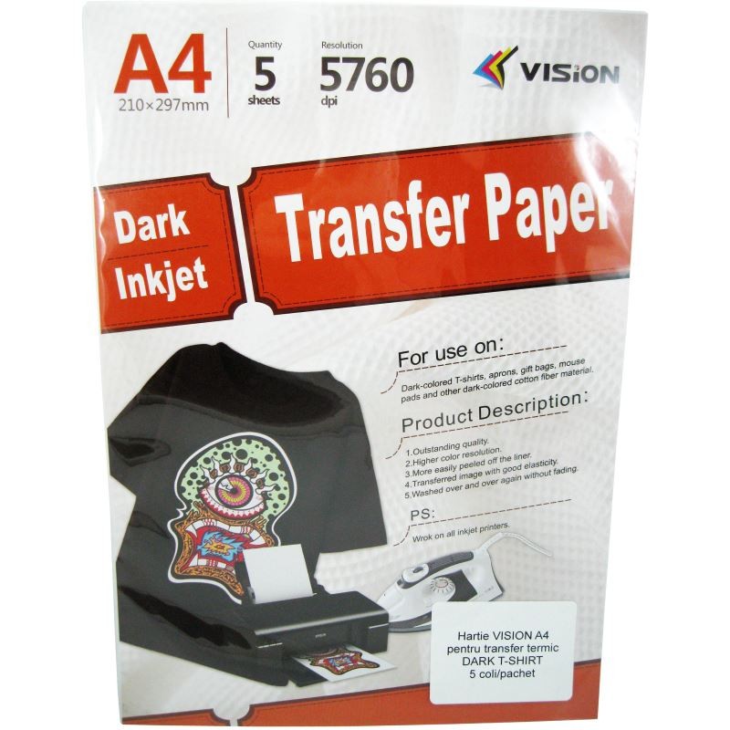 Hartie de transfer termic  YESION DARK T-SHIRT A4, 300g/mp, 5 coli/pachet