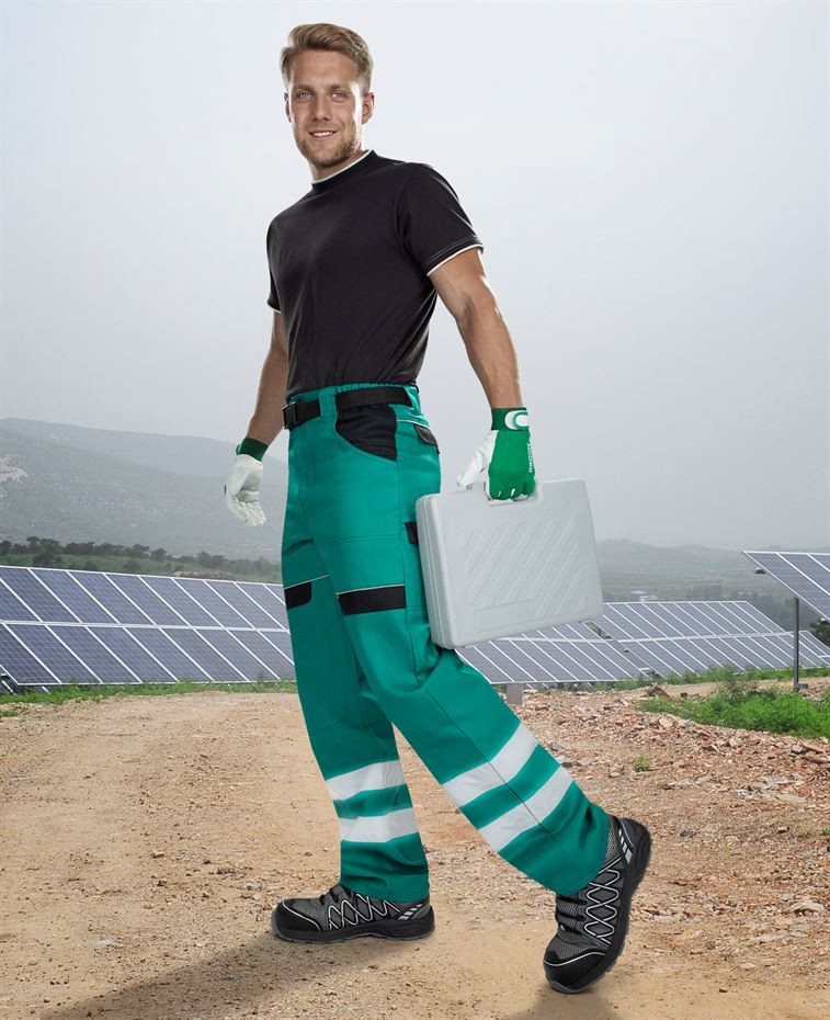 Pantaloni de lucru PROFESIONALI COOL TREND CU BENZI REFELECTORIZANTE VERZI H8934 