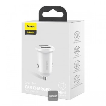 Incarcator auto BASEUS design slim 24W, 2xUSB  cu lumina albastra